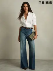 Reiss Mid Blue Sakura Patch-Pocket Flared Jeans (AM3664) | $325