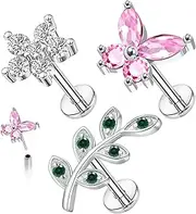 [FLOGWE] 3 PCS 16G 316L Pushin Nose Stud Rings Leaf and Flower Lip Rings Top Push in Threadless Surgical Steel Butterfly Flat Back Helix Tragus Cartilage Stud Earring for Womens