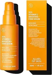 Allies of Skin 20% Vitamin C Brighten + Firm Serum: 20% Ethylated L-Ascorbic Acid + Orange Extract Complex with Glutathione. Waterless & Antioxidant. Firms & Intensely Brightens. For Smooth, Elastic Skin 1 oz