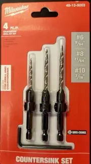 Milwaukee 4 Pc Countersink Drill Bit Set (9/64, 11/64, 3/16) With Quick Change