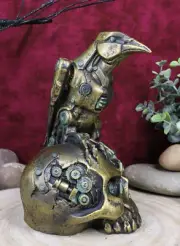 Steampunk Cyborg Scavenger Crow Raven On Rusted Robotic Skull Statue Decor