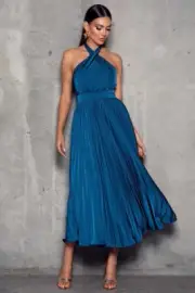 Elle Zeitoune BNWT Jaylee Teal Halter Midi Pleated A Line Dress Sz 6 RRP$399.95