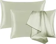 Jogcaw 2 Pack 100％ Silk Pillowcase for Hair and Skin, Soft Breathable Cooling Mulberry Silk Pillow Case Set of 2, Both Sides Grade 6A Silk Pillow Covers with Hidden Zipper (Sage Green, Standard)