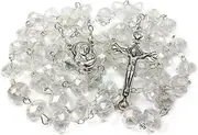 [Nazareth Store] Catholic Rosary White Clear Crystal Beads Necklace with Holy Soil Medal and Metal Cross Communion Rosary