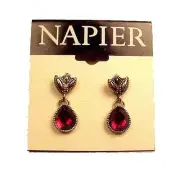 Napier Earrings Red Rhinestone Teardrop Dangle Posts Gold Tone Signed with Tag