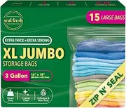 Seal Fresh 3 Gallon Large Plastic Storage Bags – 16" x 18" (15 Count) – Reusuable XXL Extra Large Heavy Duty Clear Jumbo Freezer Zip Bags with Sealable Zipper Top For Clothes, Travel, Moving