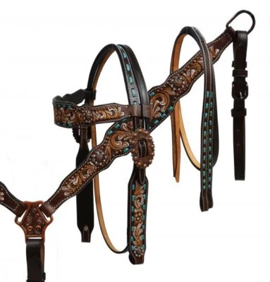Showman Hand painted floral tooled headstall & breast collar with teal stitch