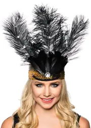 Tall Black Feather Showgirl Headpiece with Gold Sequins