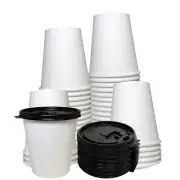 10oz White Coffee Cups and Black Flat Lids Hot Cold Drinks Disposable 1000pcs