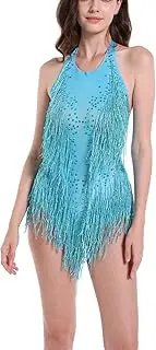 [YUANTONG] Sparkly Sky Blue Rhinestone Sequin Bodysuit for Women Dance Fringe Latin Jazz Leotard Drag Queen Costume Party Clubwear