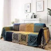 H.VERSAILTEX Boho Couch Cover Bohemian Cotton Sofa Cover Sofa Throw Cover for Couches Washable Sofa Couch Covers for Dogs Feature Hippie Chenille Jacquard Fabric(180cm x 300cm, X-Large, Yellow Navy)