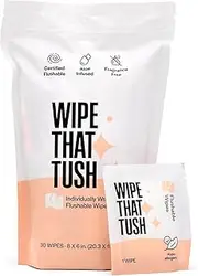 Travel essentials Flushable Wipes – 30 Individually Wrapped Extra-Large Aloe-Infused, Hypoallergenic & Unscented, Septic & Sewer Safe (Travel Pack)