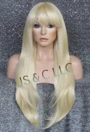 Human hair blend Heat OK 29" Long Pale Blonde wig bangs layered WSK 613