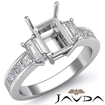 Classic 3 Stone Emerald Semi Mount Diamond Engagement Ring 18k White Gold 0.8Ctw