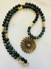 Kambaba Jasper Beades Necklace Gold Daisy Pendant, Gold Filled Clasp, Non-Tarni