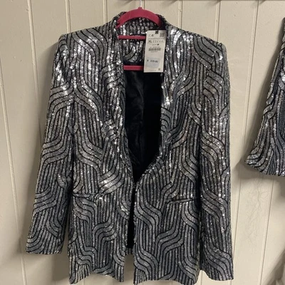 ZARA SILVER SEQUIN BLAZER JACKET COAT Sz XL matching XL SEQUIN SHORTS. NWT