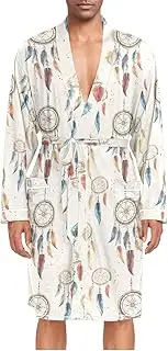[ZZXXB] Dream Catcher and Feather Print Mens Sleepwear Robe Lightweight Nightgown Long Sleeves Spa Bathrobe with Pockets M-XL
