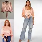 $88 VELVET HEART Spring Satin Blouse Top XL Peach Puff Sleeve Feminine Elegant