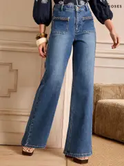 Love & Roses Mid Wash Blue Patch Plait Pocket Wide Leg Jeans (AK2211) | $113