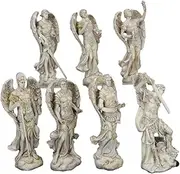 Seven Archangels of The Holy Book Michael Gabriel Raphael Sealtiel Barachiel Uriel Jegudiel Figurine Miniature Set Sculptures in Ivory Paint Finish
