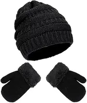 [MK MATT KEELY] Baby Boy Girl Winter Hat Gloves Set Toddlers Cold Weather Warm Lining Fluffy Beanie Mittens for Kids