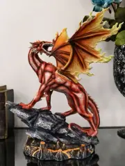 Large Red Magma Lava Smaug Dragon On Volcanic Rock Statue Fantasy Home Decor