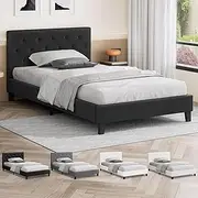 ALFORDSON Bed Frame Base Single Size, Bed Platform Foundation with Linen Fabric Upholstered Tufted Headboard for Mattress Topper, Madelyn Fabric Charcoal