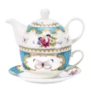 English Porcelain Tea for Set, Floral Teapot with Cup, Blue Tea Cup and Sauce...