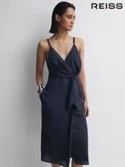 Reiss Navy Esme Linen Side Tie Midi Dress (D43760) | $325