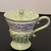 VINTAGE MICHEL & COMPANY PATHWAYS & PROMISIS GREEN SCRIPTURE TEACUP Cor.13:7