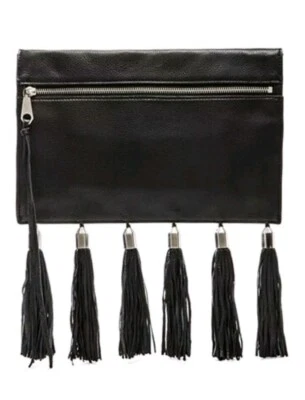 REBECCA MINKOFF Large Black Kinga Fringe Leather Clutch Handbag Purse NWT!