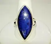 AB Blue Lapis Lazuli Marquise Solitaire Sterling Silver One-of-a-Kind Ring 10