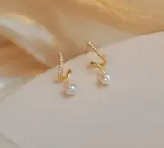 Gold S-Shape White Pearl Pave C. Zirconia Dangle Drop Stud Earrings