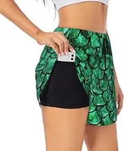 [WURTON] Green Fish Scales Print Exercise Gym Workout Shorts Women's Athletic Shorts Dual-Layered Yoga Running Shorts
