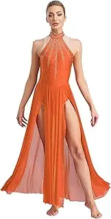[Sinleey] Womens Sleeveless Rhinestones Lyrical Modern Dance Dress Sparkly Split Skirted Leotard Ballroom Dancewear