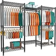 Portable Wardrobe Rack, 7 Tiers Wire Shelving Black Garment Rack, Compact Extra Large Clothing Racks Metal with 5 Hanging Rods, 1 Pair Side Hooks for Hanging Clothes