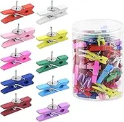 Glarks 100Pcs Wooden Push Pin Clips, Colorful Push Pin with Wooden Clips, Decorative Thumbtacks Pushpins Tacks for Bulletin Board Decorations Arts Crafts Projects Photo Supplies