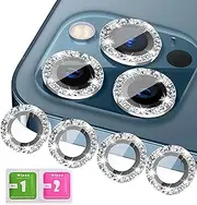 KONVOK [3+1 Compatible with iPhone 12, 12 mini, 12 Pro Camera Lens Protector Glitter Bling, Tempered Glass Clear Camera Cover Screen Protector Metal Ring Accessories, Case Friendly (Silver)