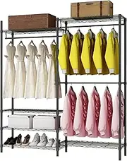 [Xiofio] Heavy Duty Garment Rack, Metal Clothing Rack with 3 Hanging Rods and 6 Adjustable Shelves, Freestanding Open Wardrobe Organizer for Hanging Clothes,54"L x 16.5"W x 76.7"H Max Load 600LBS, Black