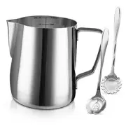 Milk Frothing Pitcher Cup, 12oz/350ML Milk Frother 12oz / 350ml Silver+2 Spoons