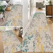 Carpet Runners for Hallway Soft Long - Modern Gray Blue Yellow Washable Narrow Runner Rug, Non-Slip Rubber Backed Area Rugs for Entryway Living Room Bedroom Decor(2ft×16.4ft/60×500cm)