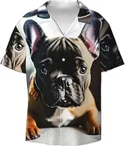 [HVTTIOR] French Bulldog Print Short Sleeve Shirt Cuban Collar Beach Casual Style Summer Vacation Relaxed Fit