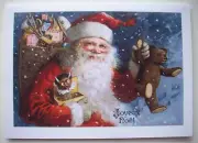 Santa with teddy bear & bag of toys Retro Christmas greeting card