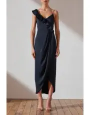 NEW Shona Joy Midi Evening Dress Navy Asymmetrical Bridesmaid Size 10 RRP$295