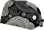 [FVQL] 2 Pack Scrub Caps Nurse Hats with Sweatband, Surgical Hats for Women, Paisley Floral Pattern Skull