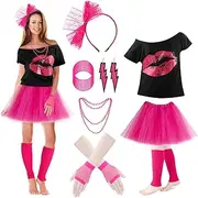 SlowTon 80s Costumes Accessories for Women - 1980s Costume Set with Headband Earrings Necklace Bracelets Fishnet Gloves Leg Warmers Short Sleeve Skirt for Women Girls Kids, 8 Pcs