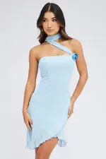 Blue Mini Dress Sleeveless Scarf Ruffled Rosette Brooch - Size 14, Women's Bodycon Dress
