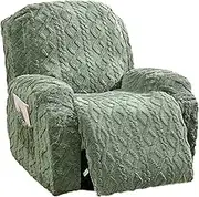 4 Pieces Recliner Chair Covers, Geometric Jacquard Plush Recliner Slipcovers, Couch Sofa Covers, Soft Fuzzy Fluffy Anti-Slip Furniture Protector for Kids Cats Dogs Elastic Bottom (Green,1 Seat)