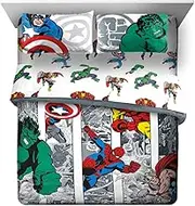 Jay Franco Marvel Avengers Comic Cool 7 Piece Queen Bed Set - Includes Comforter & Sheet Set - Bedding Features Captain America, Spiderman, Iron Man, Hulk, & Thor - Super Soft