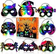 Natonhi 32Pcs Rainbow Scratch Mask Halloween Crafts for Kids, Games Scratch Art and Craft Kit, Classroom Activities Favors Party Supplies
